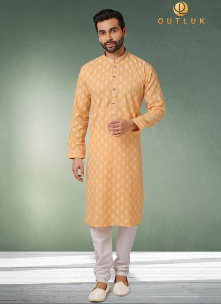 Light Orange Colour Outluk Vol 43 New Exclusive Wear Pure Cotton With Digital Print Kurta Pajama Mens Collection 43002